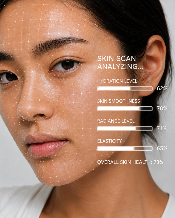 vrouwelijk gezicht wordt een skin scan analyse op gedaan. De analyse heeft het level van hydratatie, skin smoothness, radiance, elasticity, en overal skin health aan