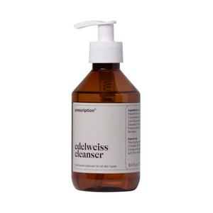 Prescription Skincare Edelweiss Cleanser in bruine pompfles, milde reiniger voor alle huidtypes